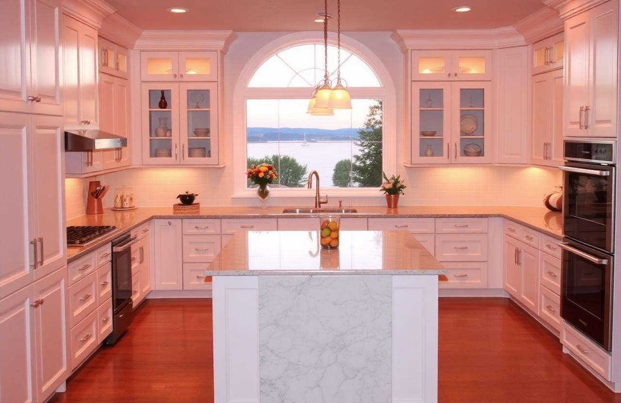 Modern white kitchen remodel overlooking Lake Norman